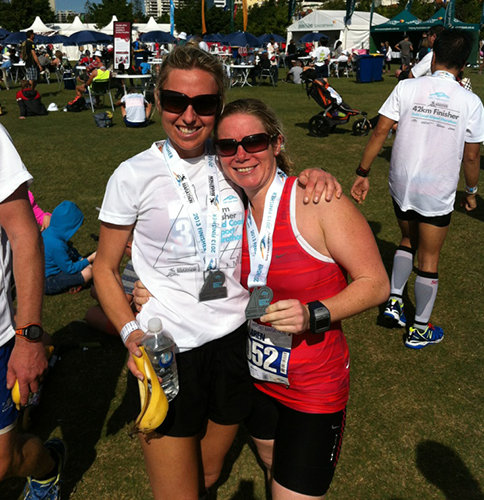 Sinead & Karen celebrating after Gold Coast Marathon 2013